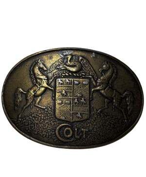 Vintage Colt Revolvers Shield and Horse Solid Brass Belt Buckle